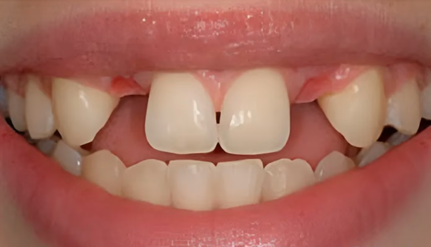 Before: a wide gap between the upper front teeth closed and evened out