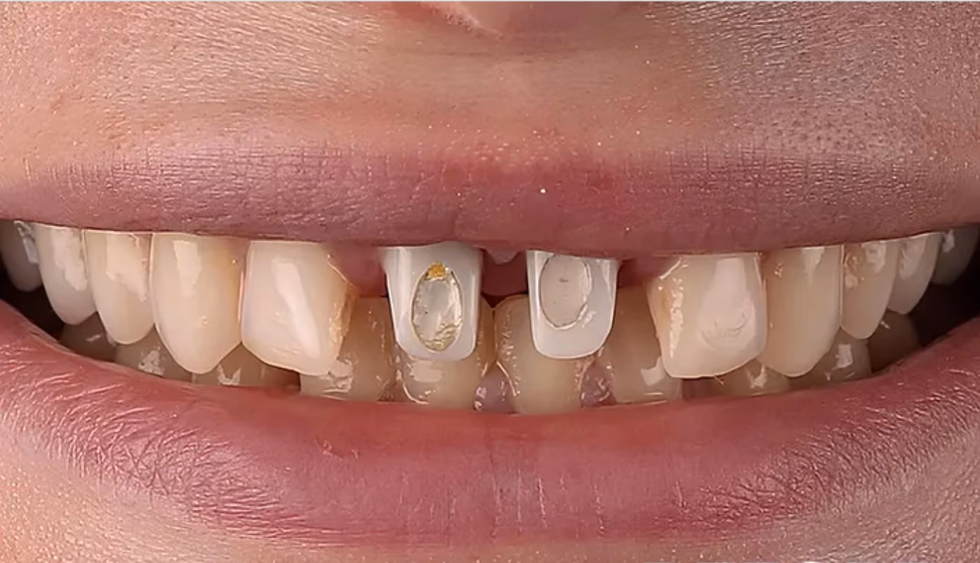 Before: two worn, discoloured front teeth rebuilt to match the natural teeth beside them