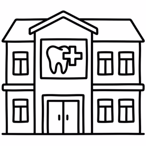 Line drawing of a dental clinic building with a tooth and medical cross sign