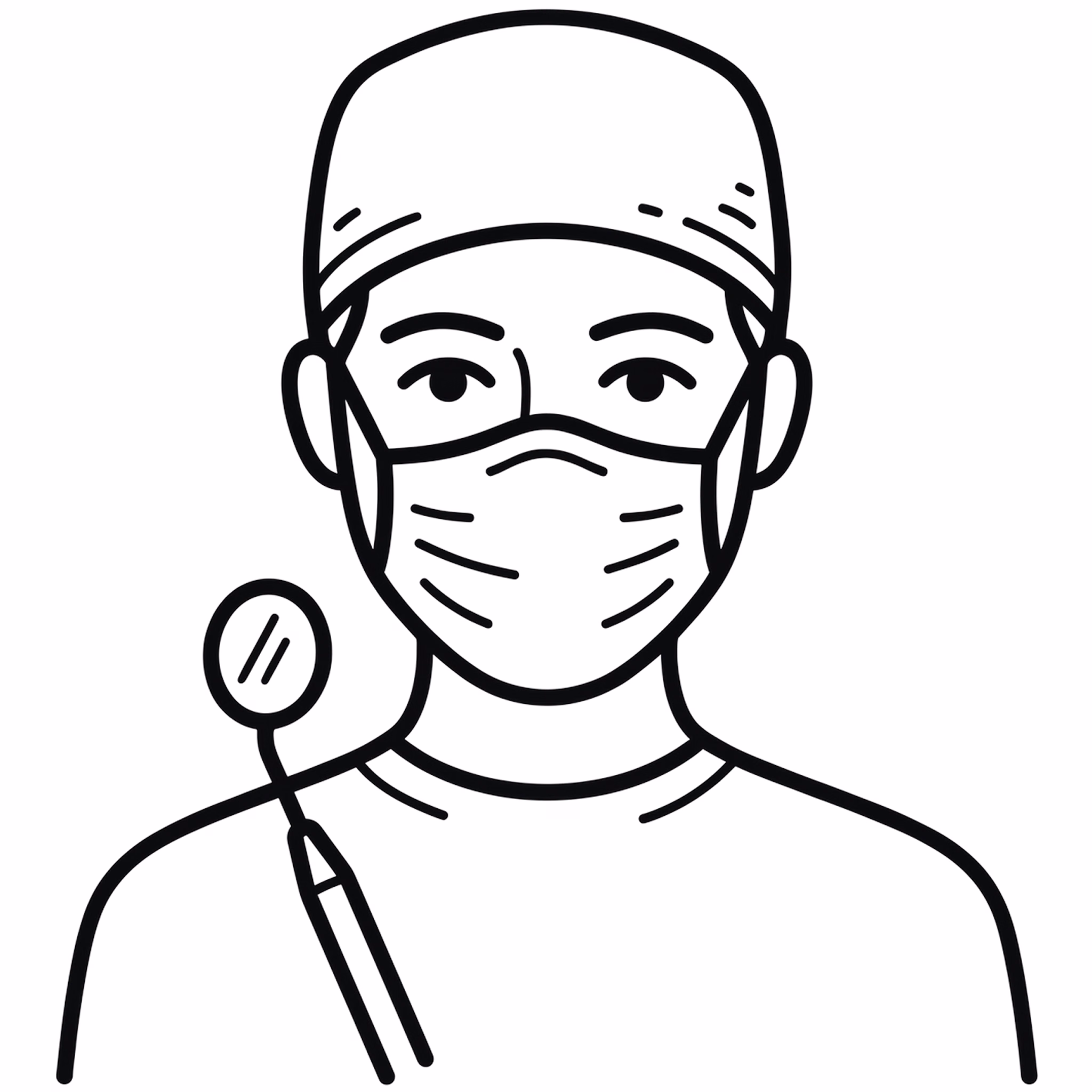Line drawing of a dentist wearing a surgical mask and holding a dental mirror