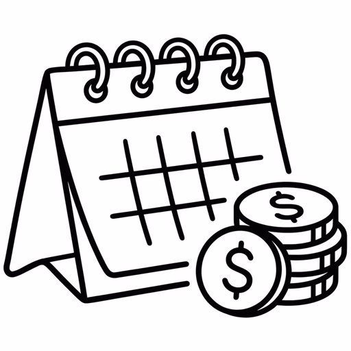 Line icon of a calendar and dollar coins representing flexible dental payment plans and scheduling