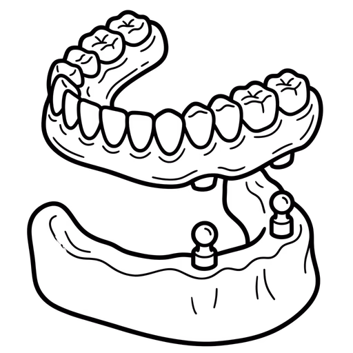 Line drawing of a full arch of teeth that clips onto dental implants